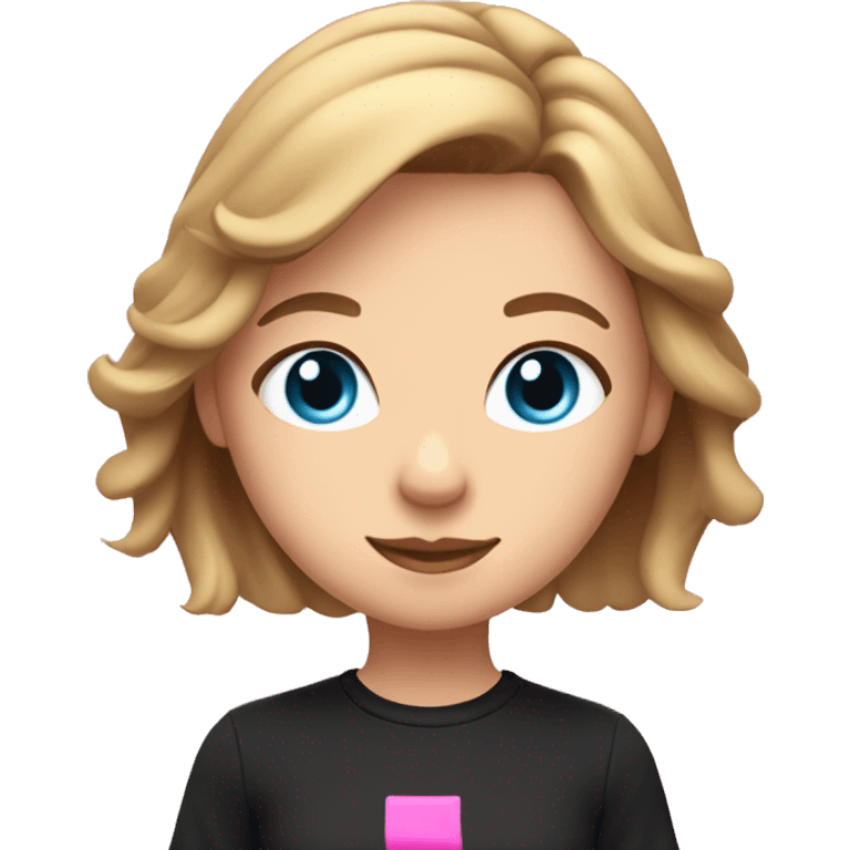 girl with brownish blonde hair with blue eyes wearing a black shirt that says flirt in pink writing  emoji