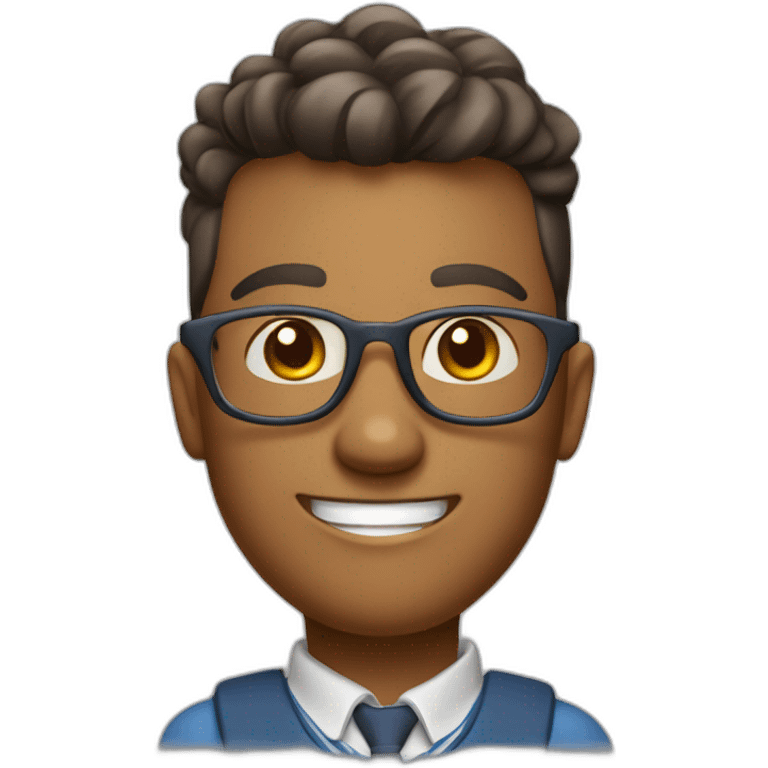 Friendly cartoon character, wearing school uniform or casual clothes, wearing a pair of glasses, smiling broadly, with campus elements in the background such as school bags, playground, etc. emoji