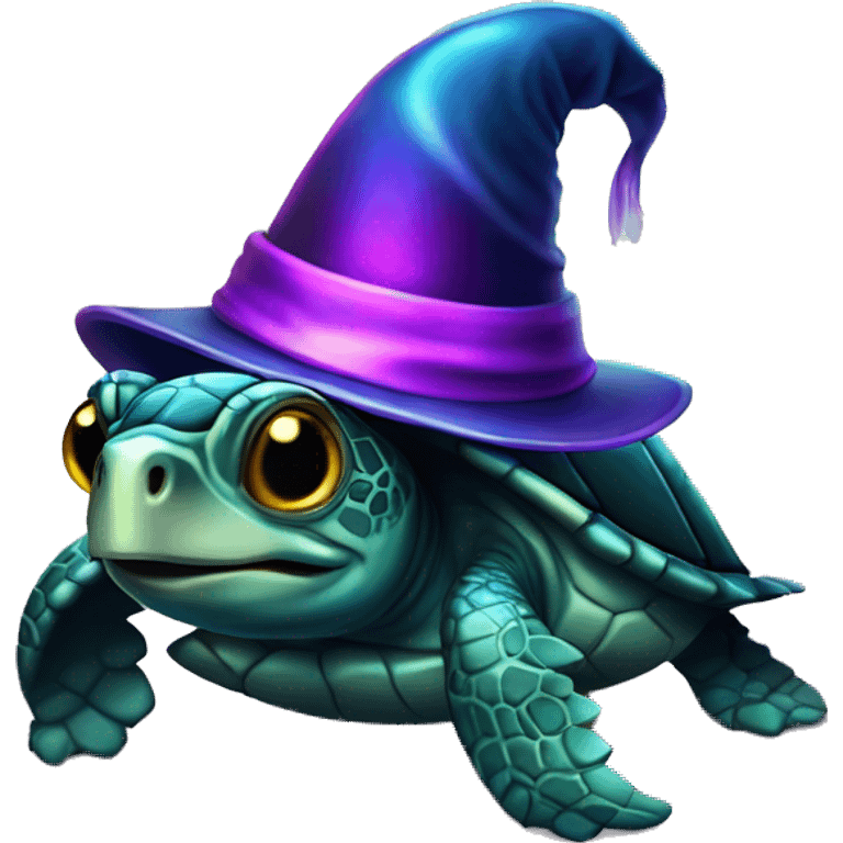 Dark iridescent sea turtle glowing with a wizard hat emoji