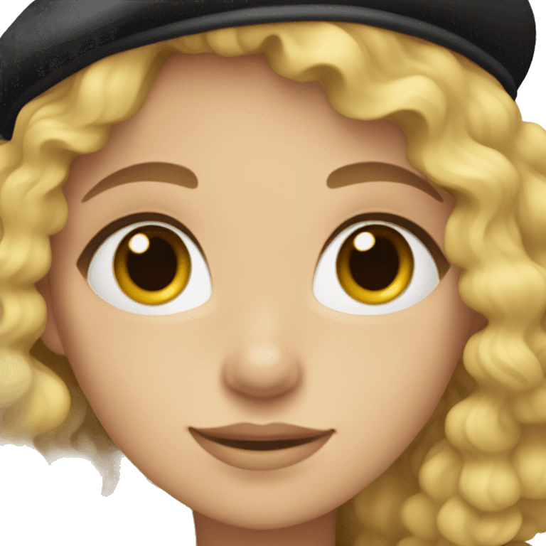 blonde, curly haired girl with grey eyes and freckles, wearing a black beret.  emoji