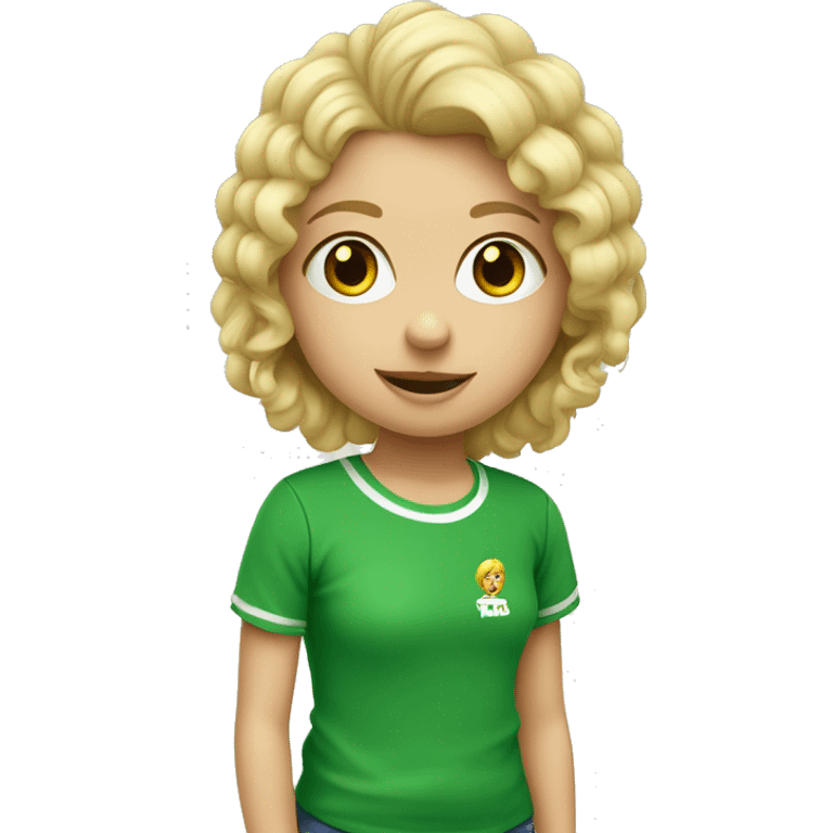 niña rubia con rizos y camiseta verde emoji