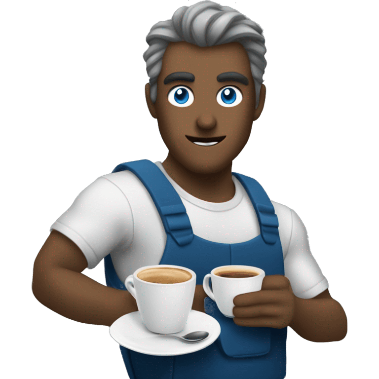 un demoni gris amb un cafe blau  i uns ous emoji