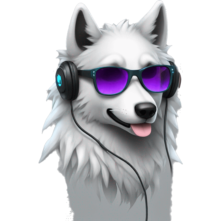 A beautiful cyberpunk Wolf wearing sunglass and headphones emoji