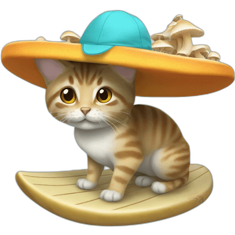 Surf cat with mushrooms hat and mashrooms emoji