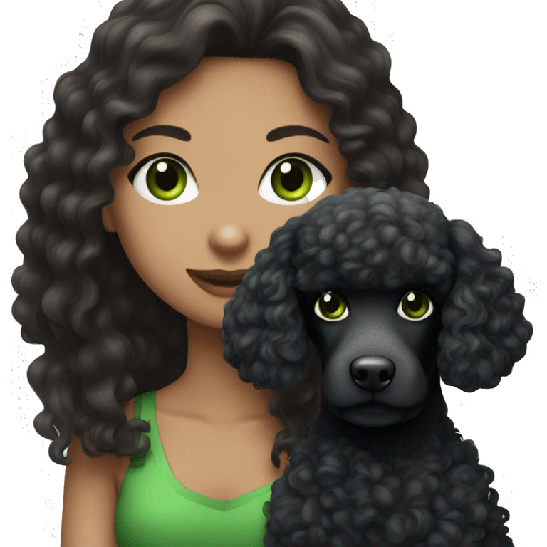 girl with long brunette hair and green eyes with black poodle emoji