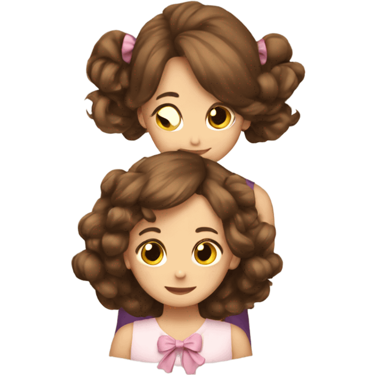 two girls hugging with bows if their hair, brown hair  emoji