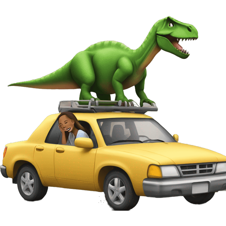 Girl laying on a car pulled by a dinosaur emoji