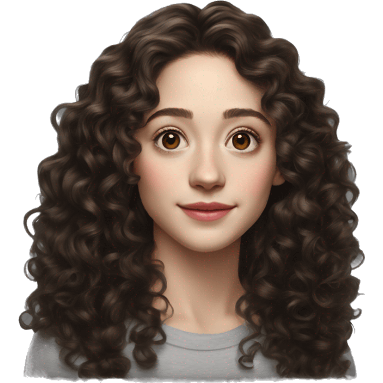 Emmy Rossum Teenager long dark brown curly hair, hyperreal photoreal portrait emoji