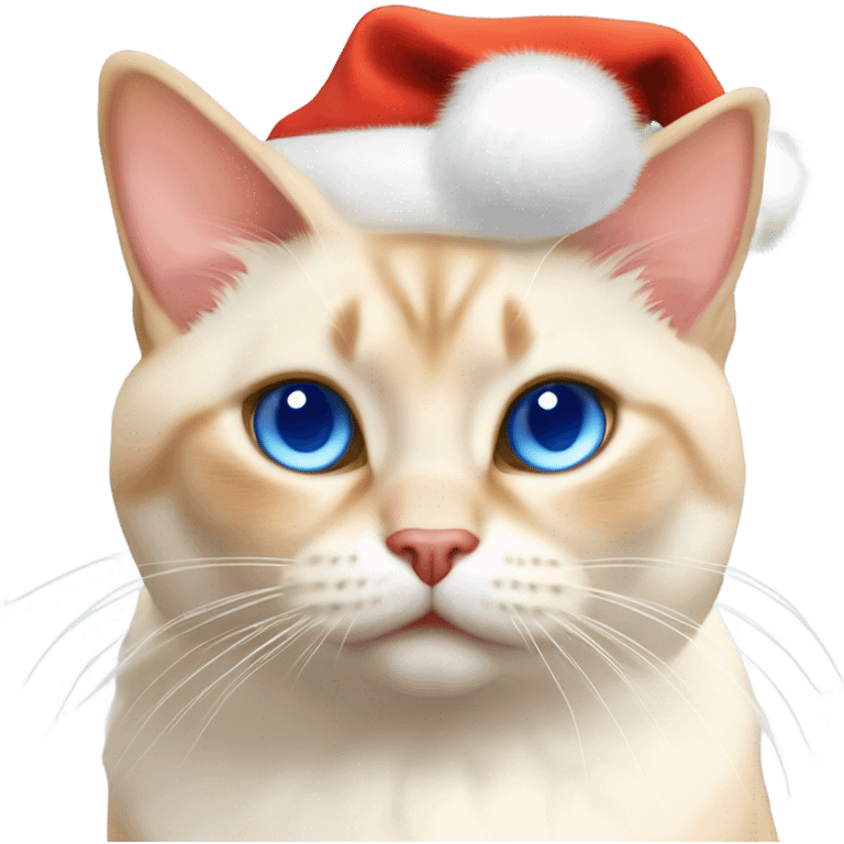 chubby fat, flame point Siamese, short fur, with white fur with orange accents, and blue eyes, smiling, wearing a red santa hat  emoji