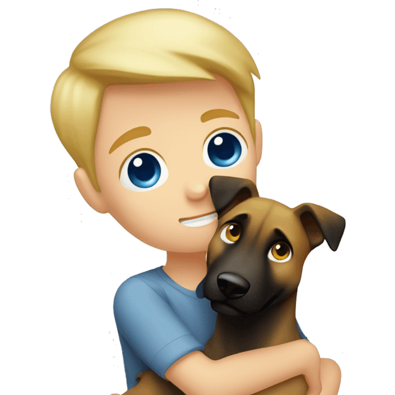 blond boy with blue eyes who hugs his Malinois tightly because he is afraid  emoji