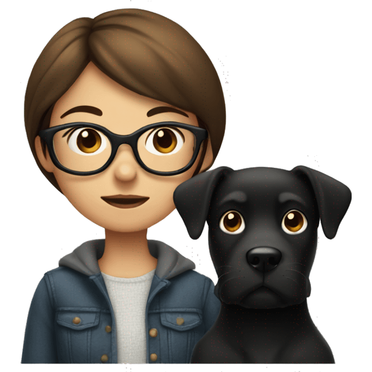 A girl with brown hair and big glasses with a black dog emoji