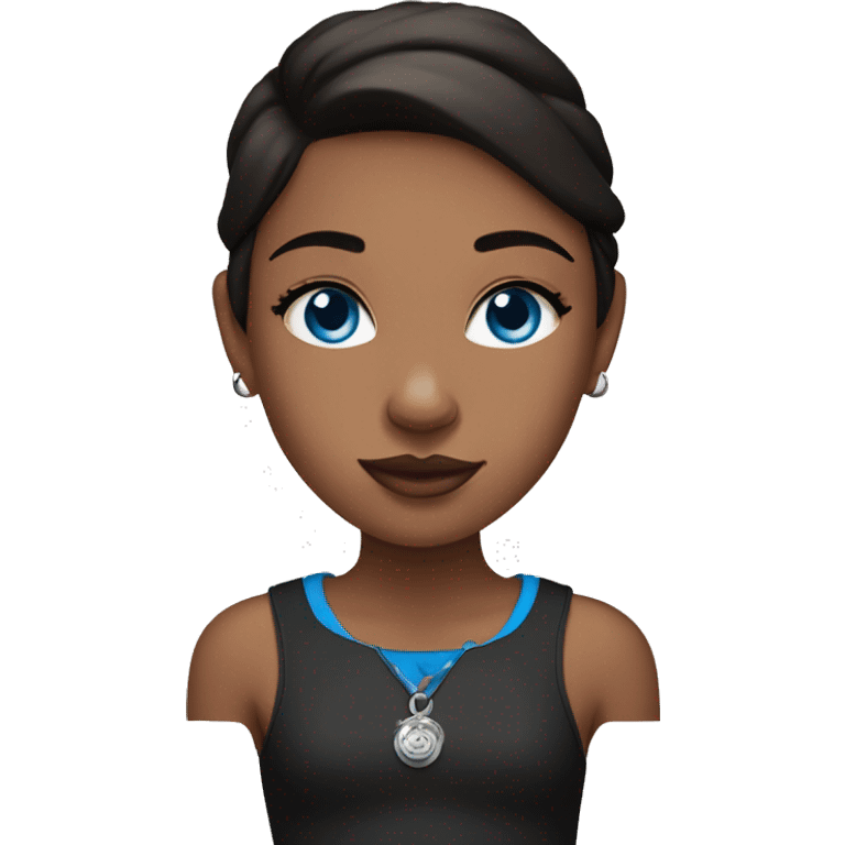 A bruinette girl with blue eyes and black pit bull emoji