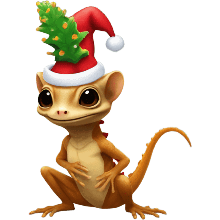 groot wearing a santa hat holding a crested gecko emoji