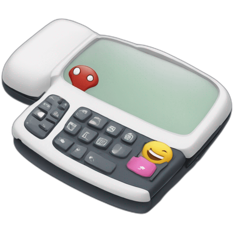 Hand holding a clamshell design flip phone and texting emoji