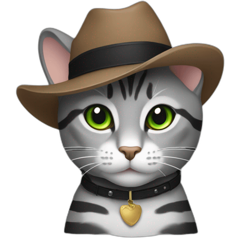 Gray cat with black stripes and brown cowboy hat and green eyes  emoji