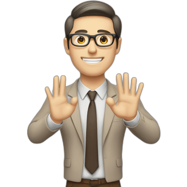 To belt Actively gesturing with hands Okay Pale skinned fit man with dark brown hair in gray jacket, beige office shirt, brown tie, brown pants and vintage glasses. emoji