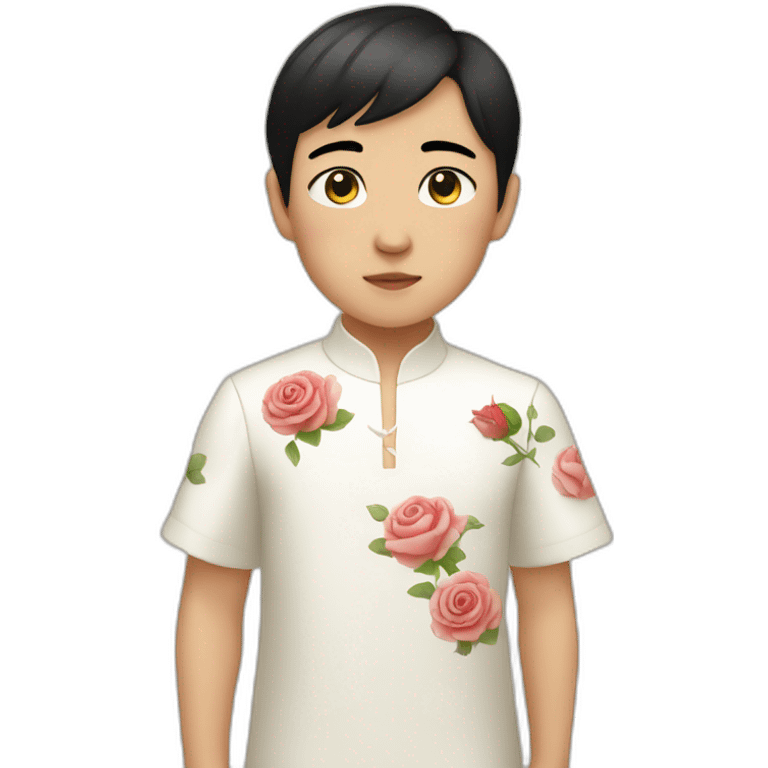 Asian boy, with black hair wearing a white dress with a rose pattern emoji