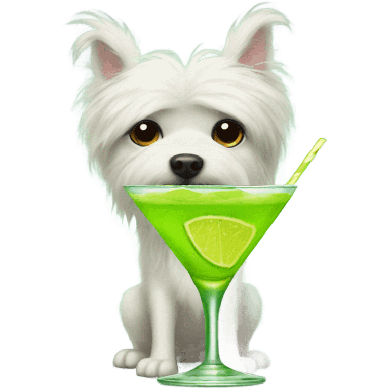 lime green fluffy dog with pointy ears and a martini emoji