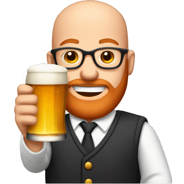 Bald young man with red beard and glasses raising a beer emoji