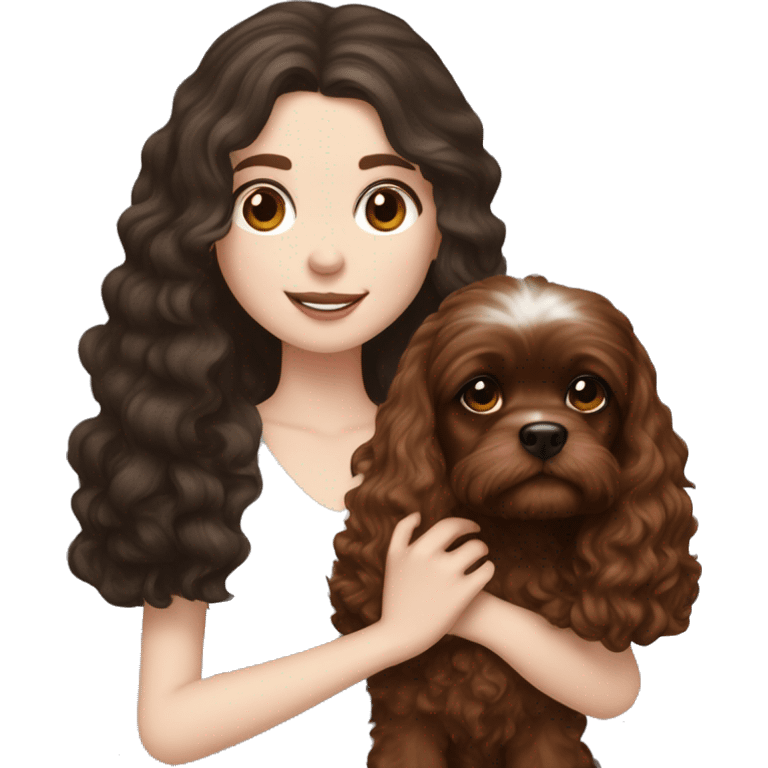 pale skin girl with long dark brown hair that had a flower in her hair  holding a black and brown cavalier cavapoo dog  emoji