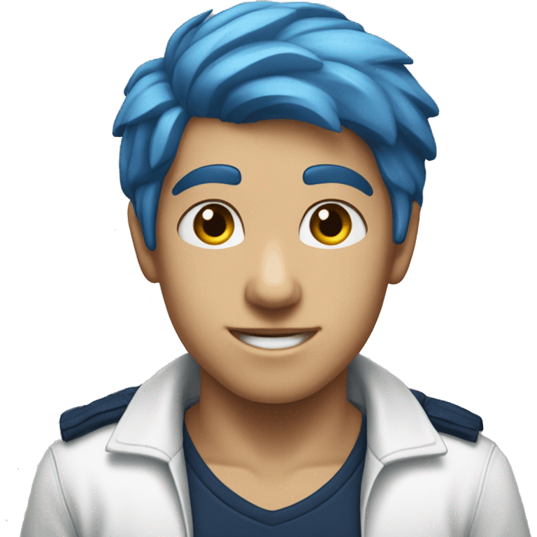 A boy with blue hair, navy blue pants, a white shirt and a restriction logo on it. emoji