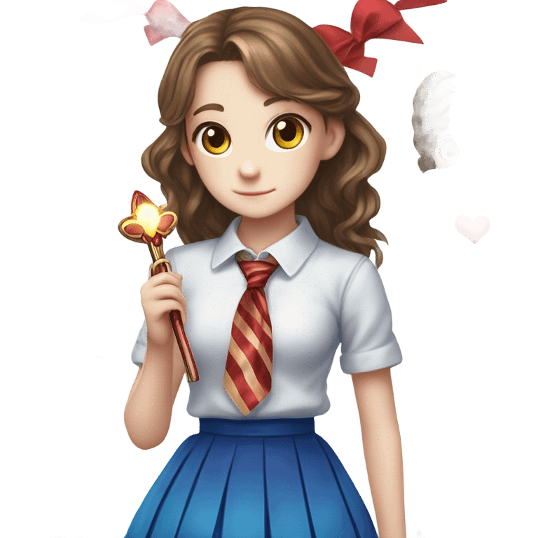 A young girl with long wavy brown hair tied with a red bow, wearing a white shirt, red-and-blue striped tie, and a blue pleated skirt with jewel decorations. She holds a wand with a heart at the tip. Wonyoung from Ive emoji