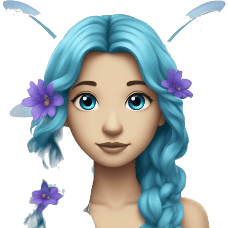 Beautiful,blue flower, fairy, blue, turqoise, silver, purple, long hair, big wings emoji