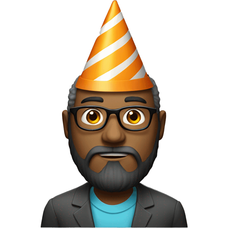 Man with beard with birthday cone on head and serious eyeglasses emoji