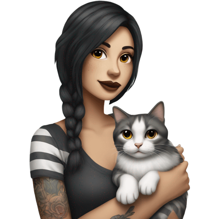 Beautiful dark haired tattooed woman holding gray and white stripe long haired cat emoji