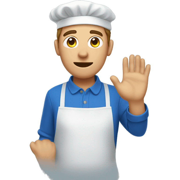 a guy in a blue apron covers his face with his hand emoji