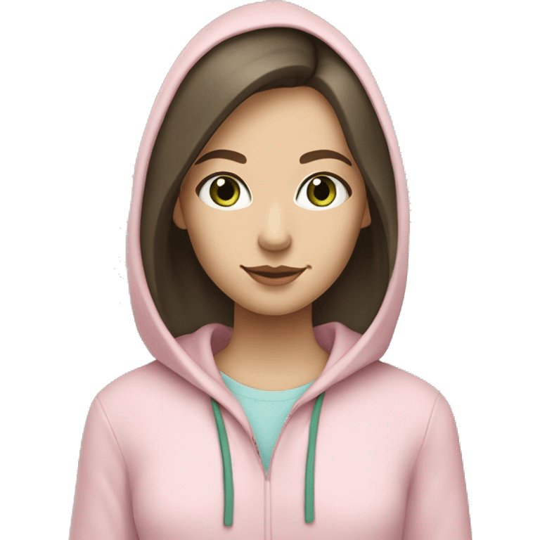 caucasian girl with dark brown hair and light blue eyes wearing a light pink hoodie and drinking green tea emoji