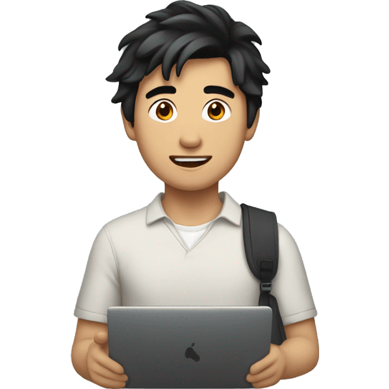 Asian man with black hair, college student holding a laptop emoji