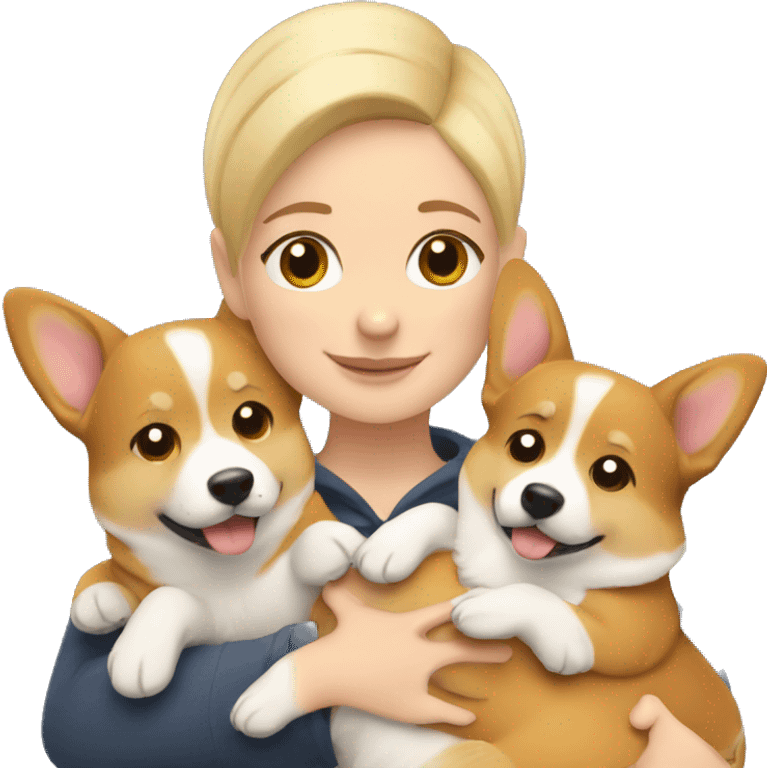 Blonde girl with short hair hugs two corgis emoji