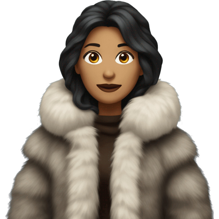 Dark haired woman wearing big full length fur coat emoji