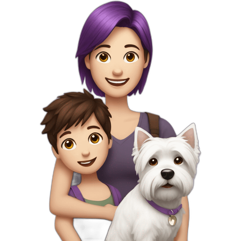 Family picture woman with purple hair, aduld son with dark brown hair and cute West Highland White Terrier emoji