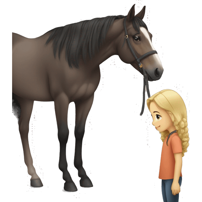 girl standing next to a cute horse while petting it emoji