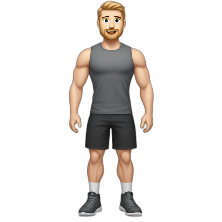 Full height Pale skinned fit man With biceps, Realistic eyes and mouth, light brown hair and stubble In dark gray sleeveless mike, black oversize sports shorts, watch and white sneakers. emoji