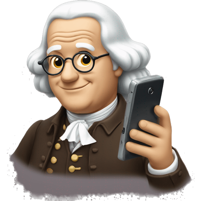 benjamin franklin playing mobile phone in one hand and showing like in another emoji