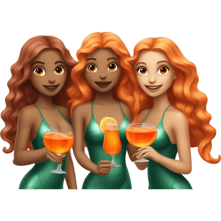 Three beautiful mermaids (light skin) drinking aperol emoji