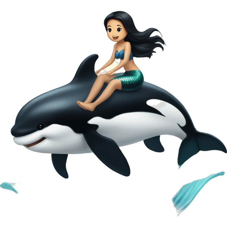 black haired asian mermaid riding orca emoji