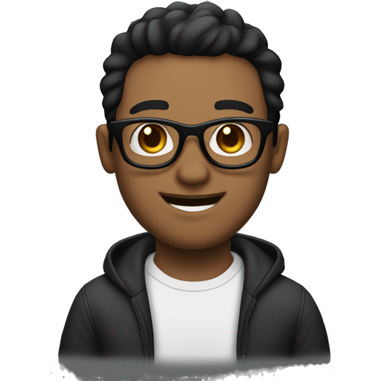 Man who is 30 years old and smilling. He is straight black hair and black eyes and wear black glasses. He has a White skin and a bearb and a moustaph emoji