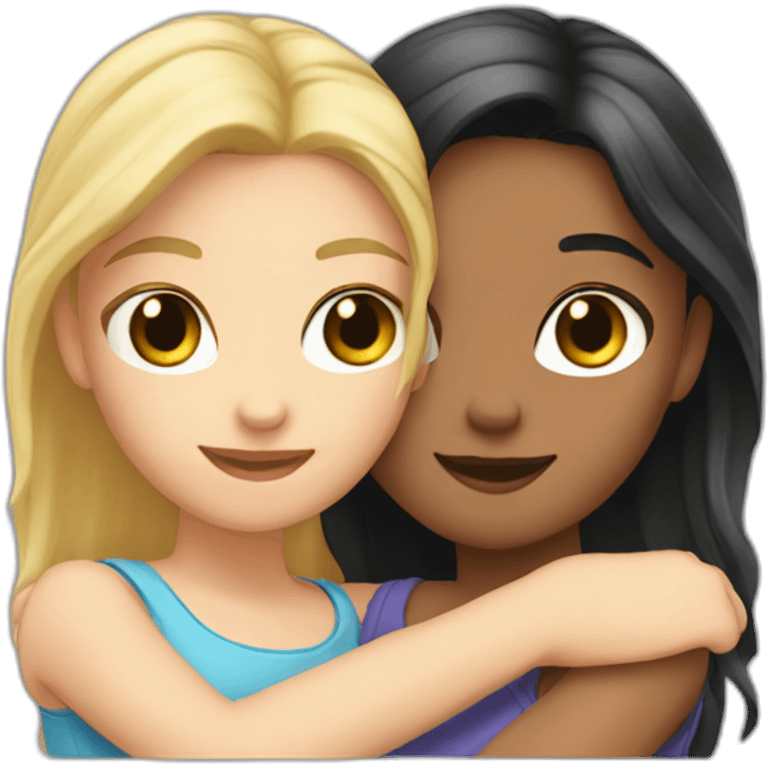 Two Girls are hugging each other. One girl has blond hair and Light eyes and the second girl has dark hair and dark eyes emoji