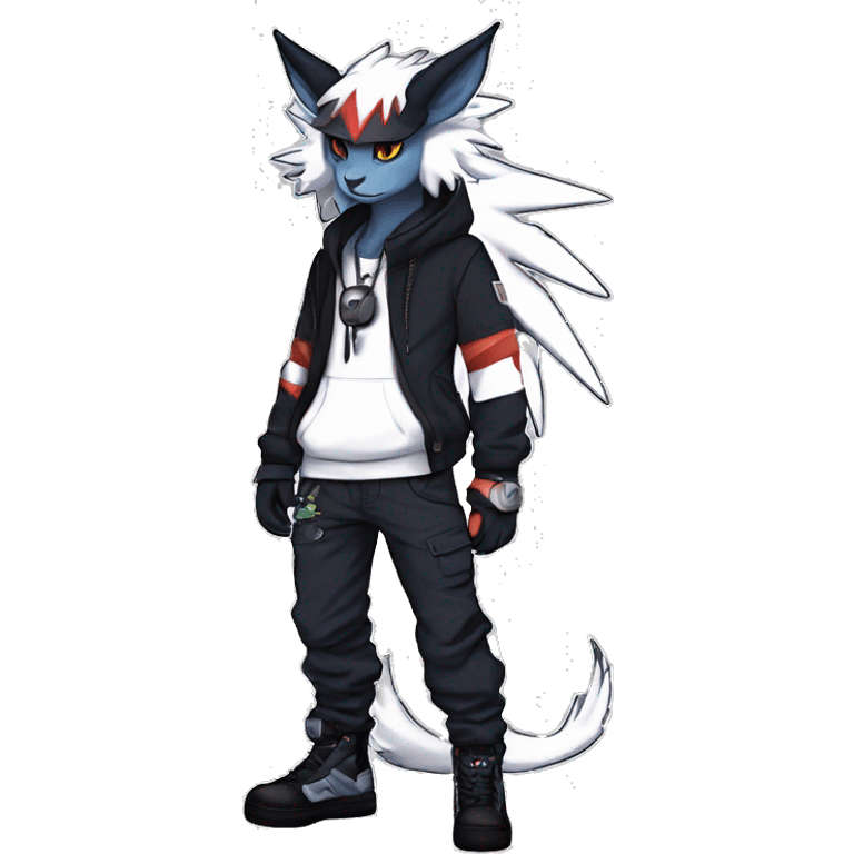 Cool Anthro Absol-Noivern-Litten-Lynx-Pokémon with edgy stripes hoodie spiked collar punk techwear Cargo Pants Full Body emoji