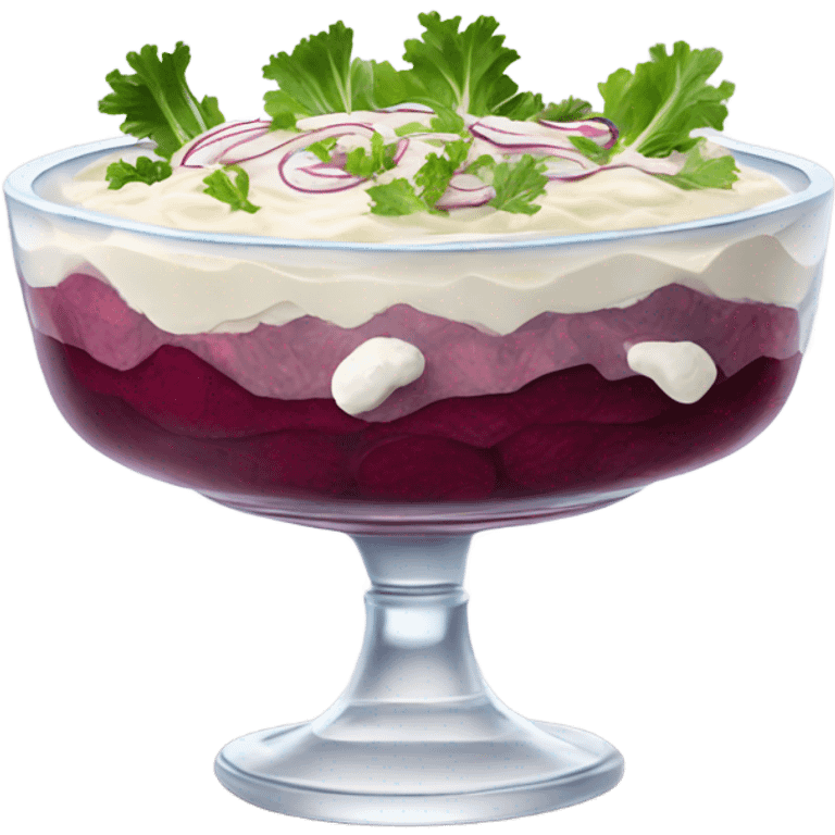 Shuba russian Layered Beet dish  with Herring and mayonnaise in Crystal bowl  emoji