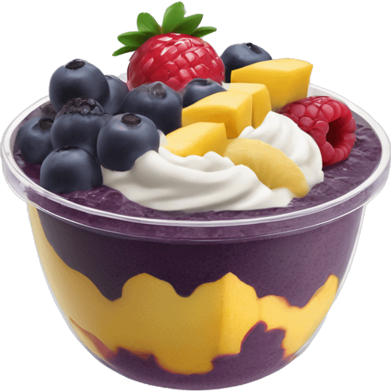 Açai bowl (made out of soft serve açai blend) in a a clear tub/cup with fruit  emoji