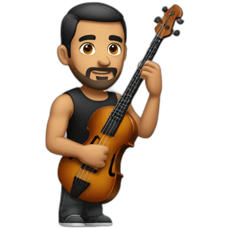 strong latin man, with muscles, with a thin beard, in a black shirt playing the bass emoji