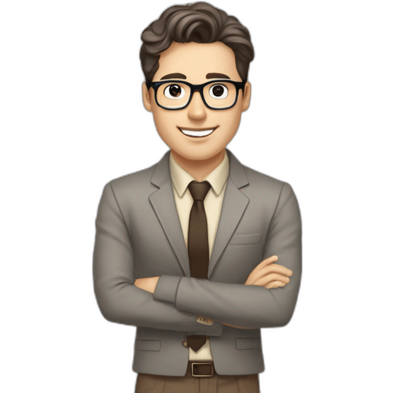 Pale skinned fit man with dark brown hair in gray jacket, beige office shirt, brown tie, brown pants and vintage glasses Writing text on a marker board emoji