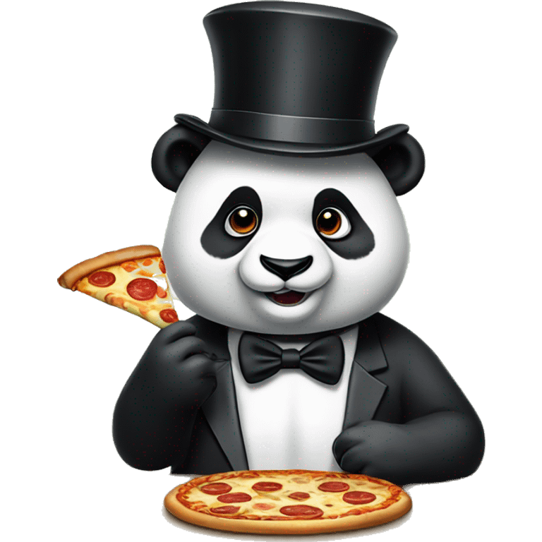 panda wearing tuxedo , with top hat on the head, eating pizza emoji