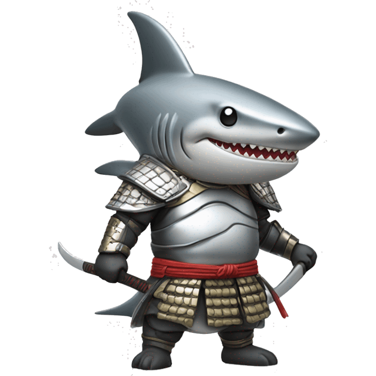 A fully silver chrome figurine of a shark in a samurai outfit. emoji