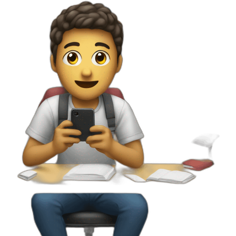 a student sitting in a desk copies what he sees in his mobile phone emoji